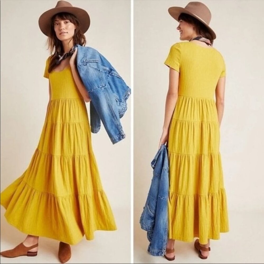 Anthropologie Maeve NEW Gillian Knit Tiered Maxi Dres Size M Mustard Yellow